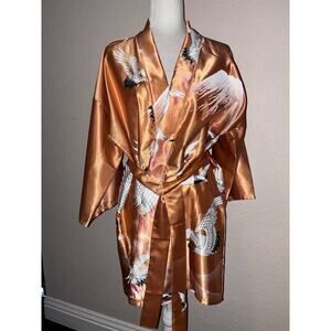 Juguemm Kimono Orange Belted Robe White & Gold Cranes Flying